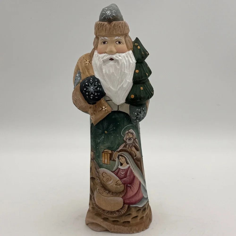 Hand Carved Wooden Santa Claus Nativity Scene Figurine Russian Folk Art 10 inch